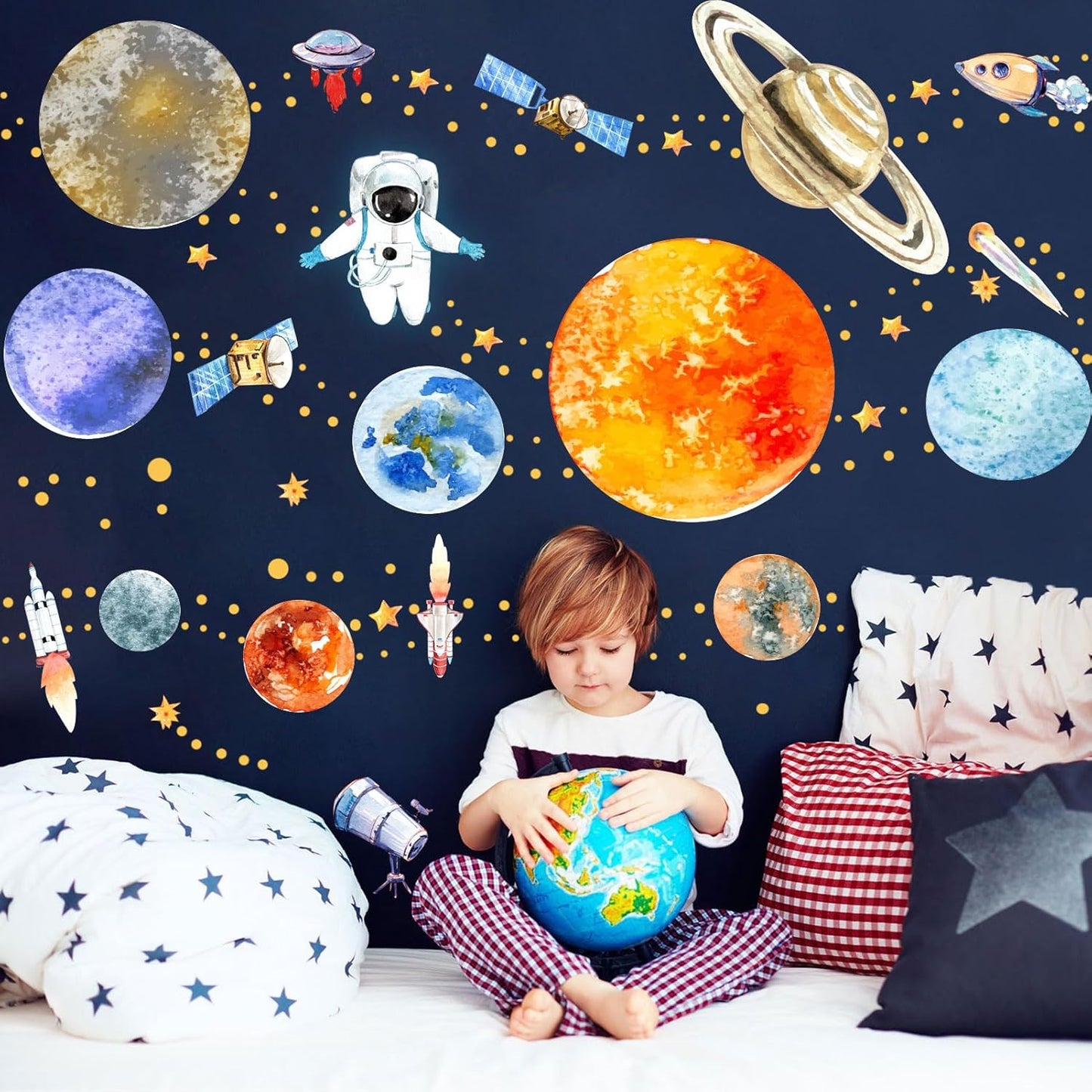 Glow in The Dark Planets and Stars Wall Decals, Luminous Astronaut Galaxy Space Rockets Wall Stickers Space Ceiling Decor for Boys Girls Bedroom Kids Baby Nursery Living Room Decoration
