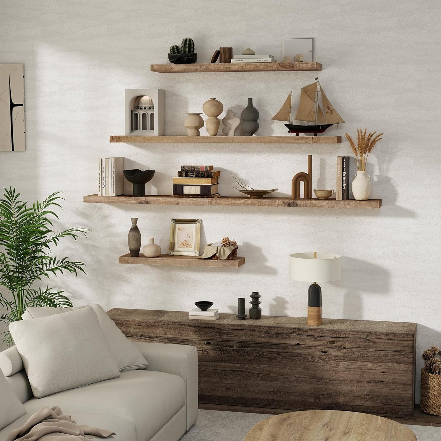 Floating Shelves Reclaimed Barnwood, 8" Deep Solid Wood Floating Shelf Wall Hanging Shelves with Invisible Heavy-Duty Metal Bracket | Wall Mounted | Farmhouse Style | 40 inches,2PCS,Natural