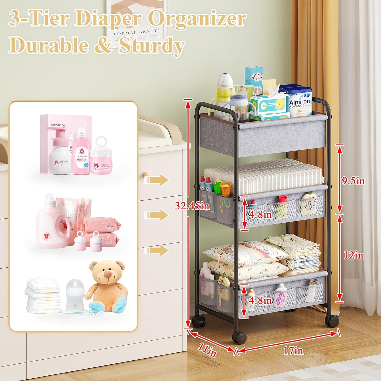 3-Tier Baby Diaper Caddy Cart Organizer with 2 Dividers & 14 Mesh Pockets - Black Mobile Nursery Storage Cart with Wheels, Durable Metal Utility Cart for Nursery, Bedroom, Baby Essentials Organization