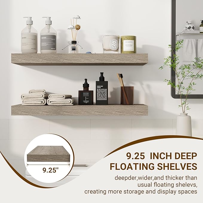 24 Inch Floating Shelves, 3D Textured Wood Grain, 24"x9.25"x1.5" Inch Deep Floating Shelves for Wall, Wooden Shelves for Bathroom, Bedroom, Living Room, Vintage Gray Oak