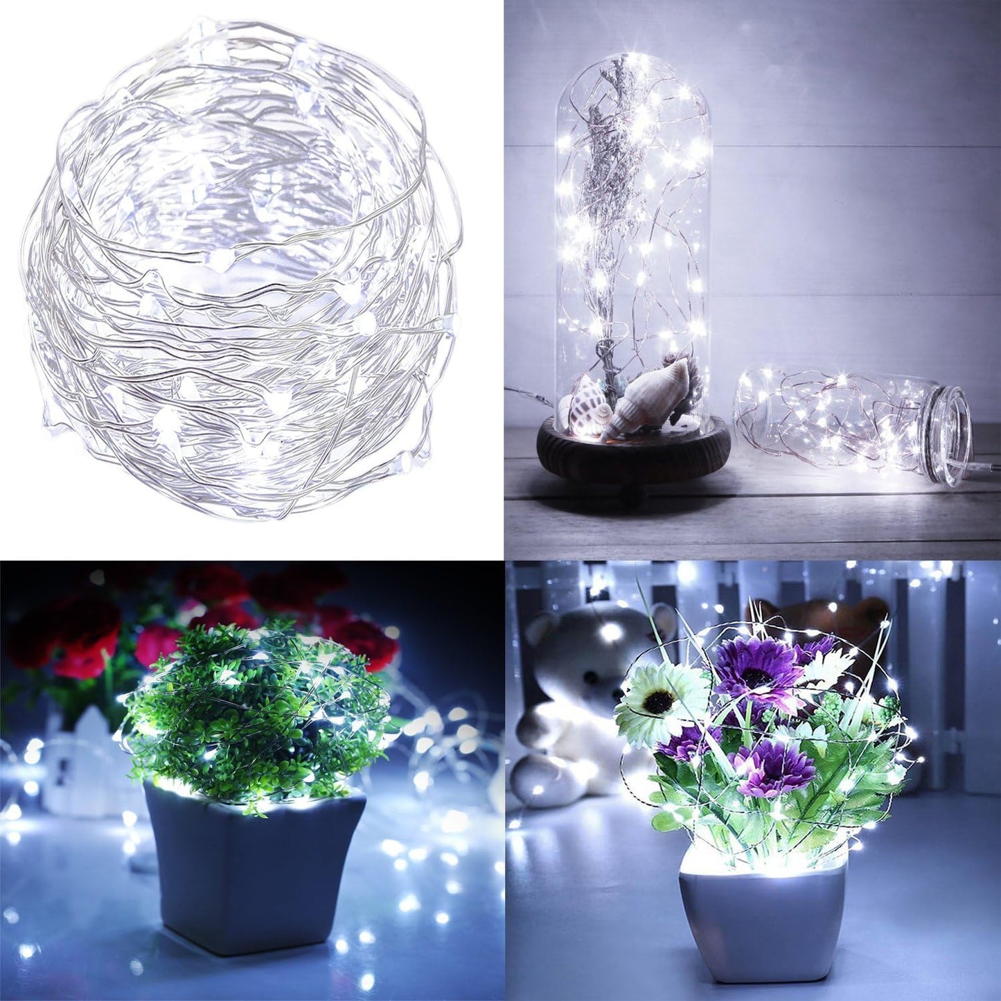 4 x Fairy Lights Battery Operated, Silver Wire Chains 8 Mode 5M 50 LEDs Timer String Lights with Remote Control for Bedroom Christmas Party Wedding Decoration