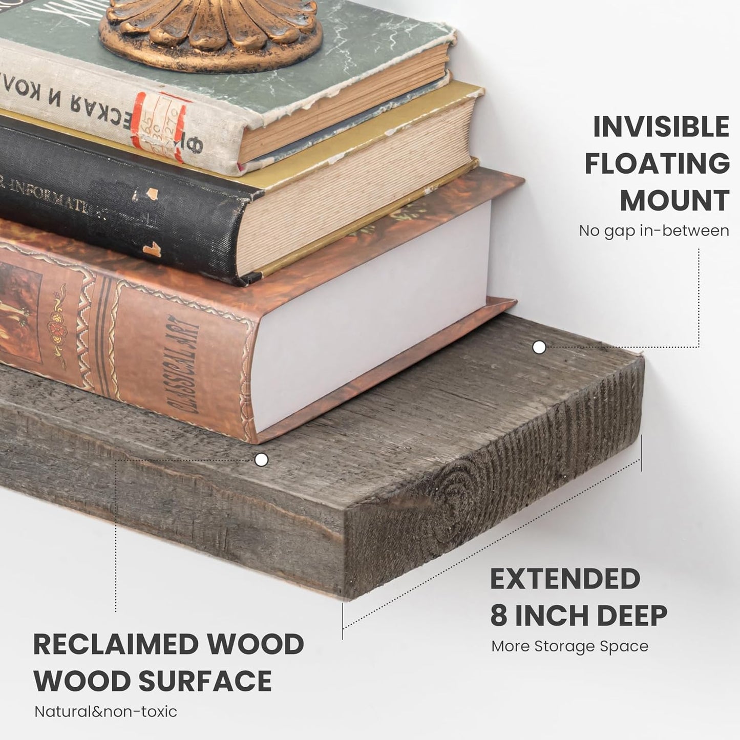 Floating Shelves Reclaimed Barnwood, 8" Deep Solid Wood Floating Shelf Wall Hanging Shelves with Invisible Heavy-Duty Metal Bracket | Wall Mounted | Farmhouse Style | 40 inches,2PCS,Grey