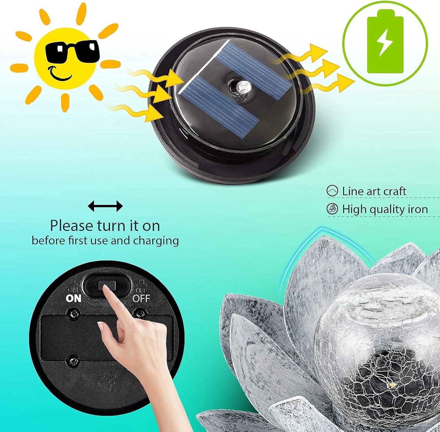 Garden Solar Light Outdoor(2Pack), Amber Crackle Globe Glass Lotus Decoration, Waterproof Gary Metal LED Flower Lights for Patio,Lawn,Walkway,Tabletop, Garden Gifts for Women