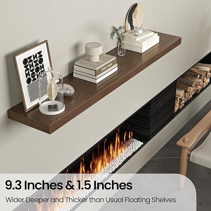 Floating Shelves for Wall, 55"W x 9.3"D x 1.5"H, Long Wooden Wall Mounted Display Shelves with Invisible Brackets for Living Room, Bedroom, Bathroom, Kitchen Decor and Storage, Set of 1, Walnut