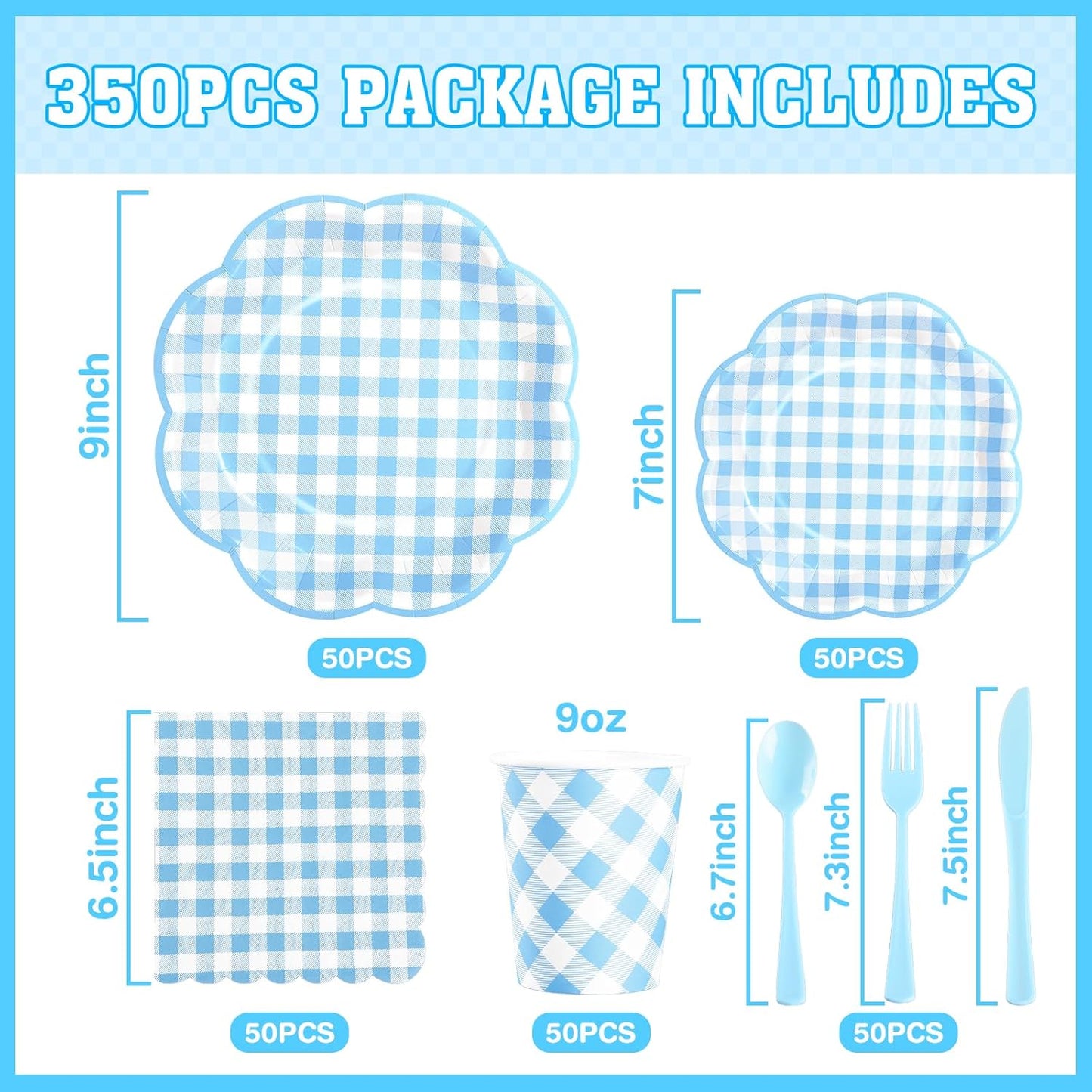 350 Pcs Blue Gingham Plates and Napkins Party Supplies - Blue and White Checkered Plates Sets Serve 50 Guests - Scalloped Gingham Paper Plate for Birthday Dinner Wedding Baby Shower Party Decorations