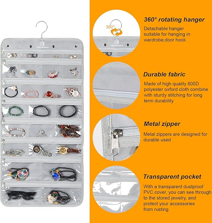 Freegrace Hanging Jewelry Organizer Revolving Hanger - Secure Zipper Closure - 25 Pockets,23 Hooks - Foldable Storage & Display Solution - For All Jewelry & Bijoux (Gray)