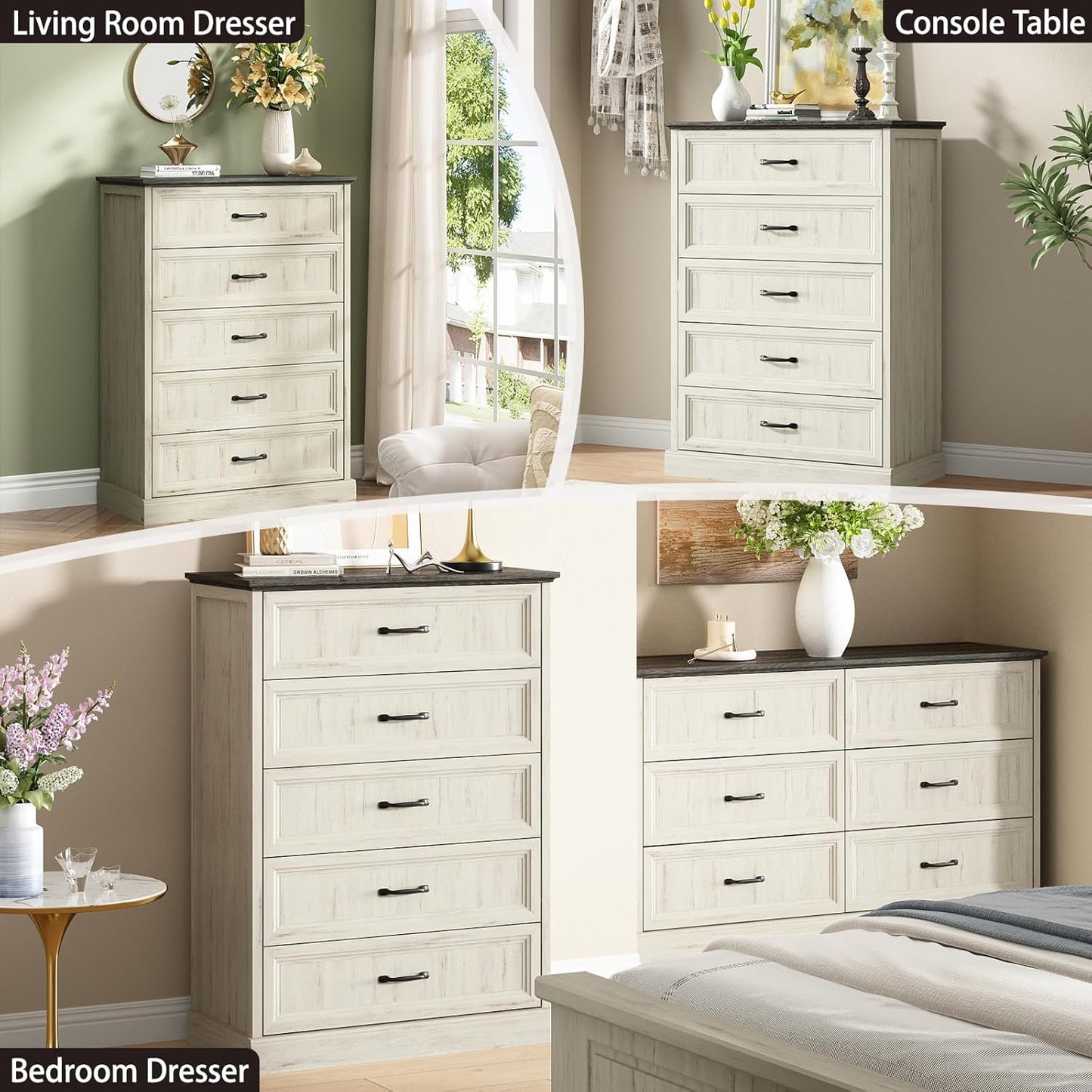 Farmhouse 5 Drawers Dresser for Bedroom, 44" Tall White Dresser Wood Rustic Chest of Drawers with Wide Metal Handle,Natural Texture,Drawer Organizer for Bedroom,Living Room,Hallway and Entryway