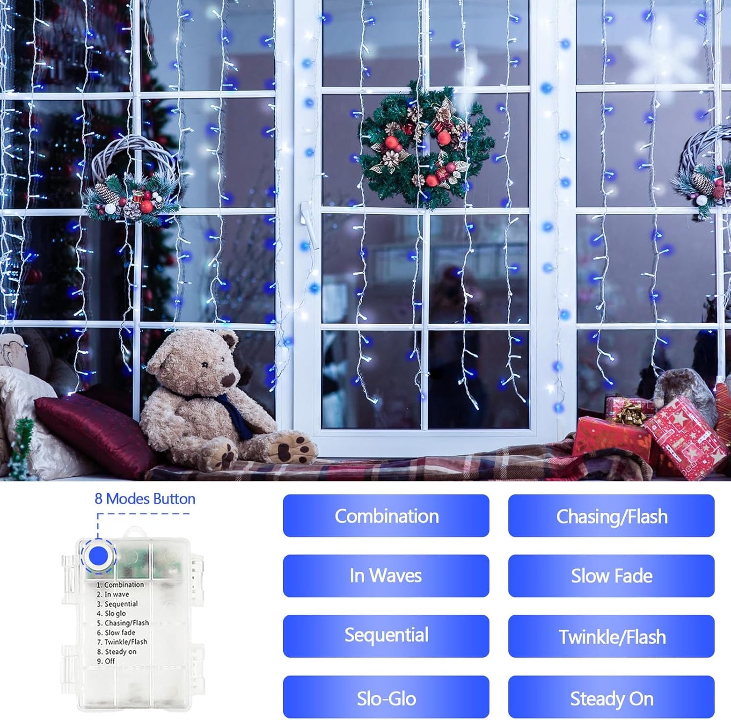 2 Pack String Lights Battery Operated with Timer, 66FT 200 LED Waterproof Battery Twinkle Lights, 8 Modes Fairy Light for Indoor & Outdoor Party Bedroom Christmas Decorations (Blue and White)