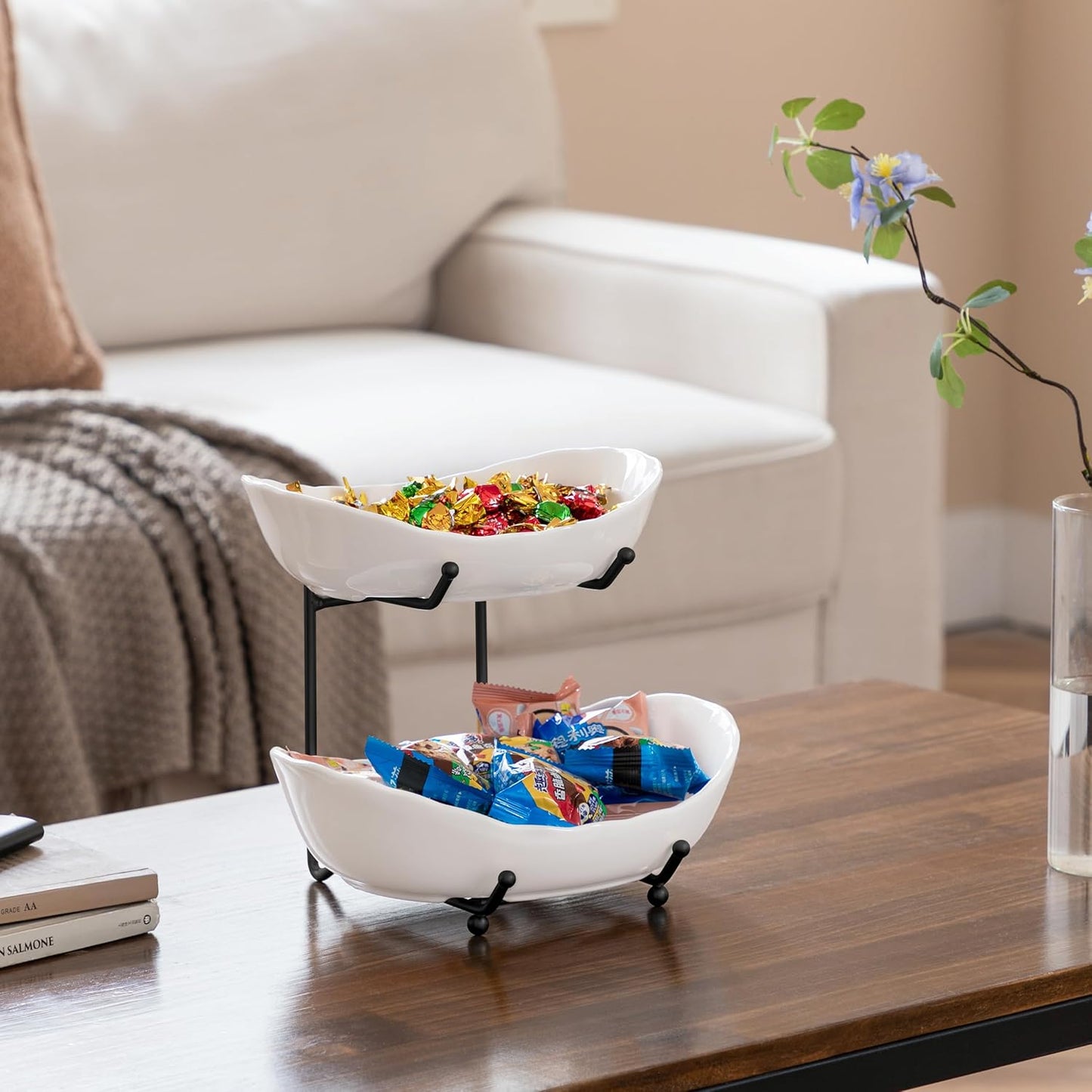 HBlife Fruit Bowl for Kitchen Counter - 2 Tier Ceramic Fruit Rack, Fruit Basket for Fresh Fruit&Veggies, Tiered Fruit Platter Serving Trays for Party