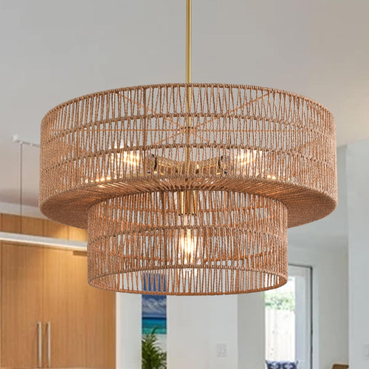 23.62" 6-Light Rattan Farmhouse Chandelier, Boho Large Pendant Light, Large Wicker Chandelier Light Fixtures, Hand Woven Chandeliers, for Dining Room