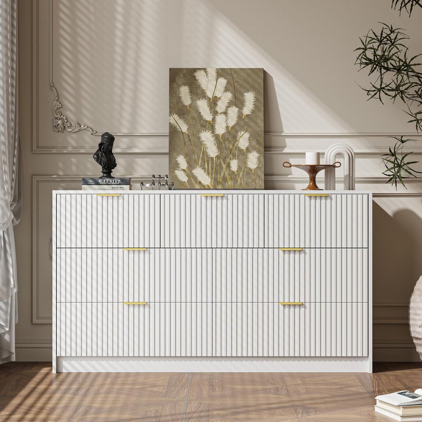 White 7 Drawer Dresser for Bedroom, Modern Fluted Dresser with Gold Metal Handles, Wide Chest of Drawers for Bedroom,Living Room, Entryway, Hallway, 55.9" L x 15.7" D x 31.4" H