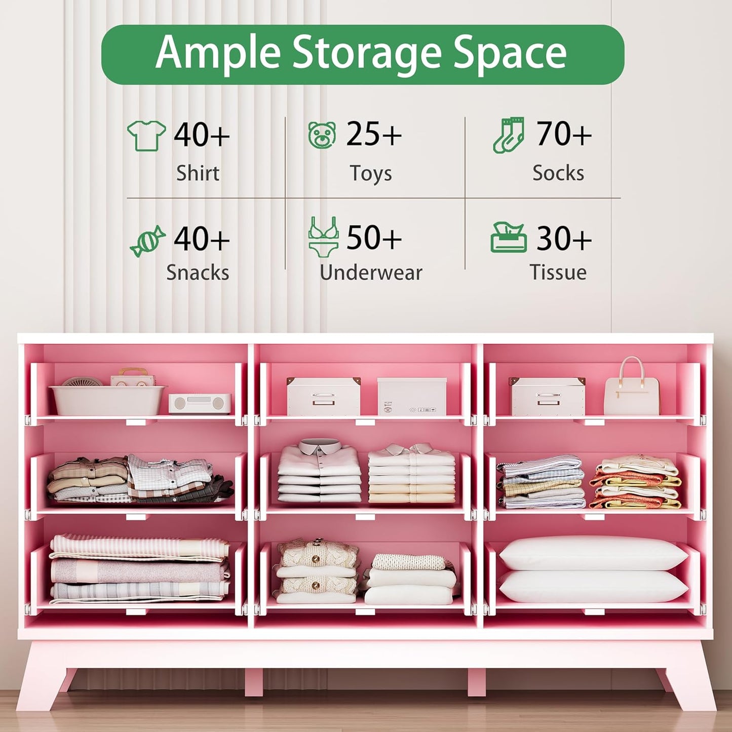 Fluted Dresser for Bedroom with 9 Drawers, 57" Wide Modern Chest of Drawers with Metal Handle, Wooden Dresser TV Stand, Wood Closet Clothes Storage Organizer for Living Room, Hallway, Pink