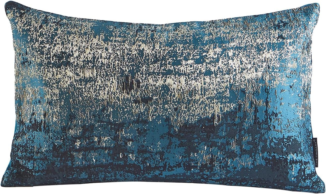 THE-TINOART Teal & Gold Embroidered Jacquard Pillow Cover 12x20 Inches – Luxury Reversible Decorative Throw Pillow Cover with Gold Thread & Velvet Backing, Elegant Holiday Home Decor