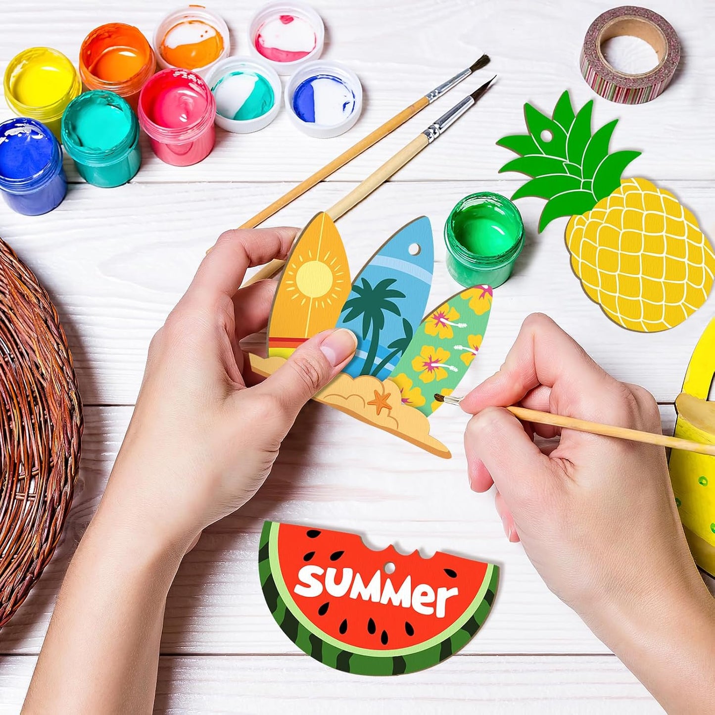 36PCS Wooden Summer Ornaments to Paint, 12 Styles DIY Blank Unfinished Wood Beach Cutouts Ornament for Crafts Hanging Decorations, Watermelon Surfboard Slippers Coconut Tree Home Decorations Gifts