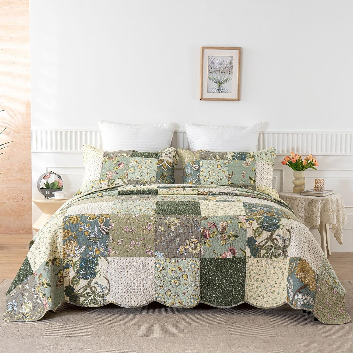 YAYIDAY Quilt King Size Patchwork Bedspread Set - 100% Cotton Reversible Breathable Floral Quilted Quilt with Pillow Shams Fit All Season