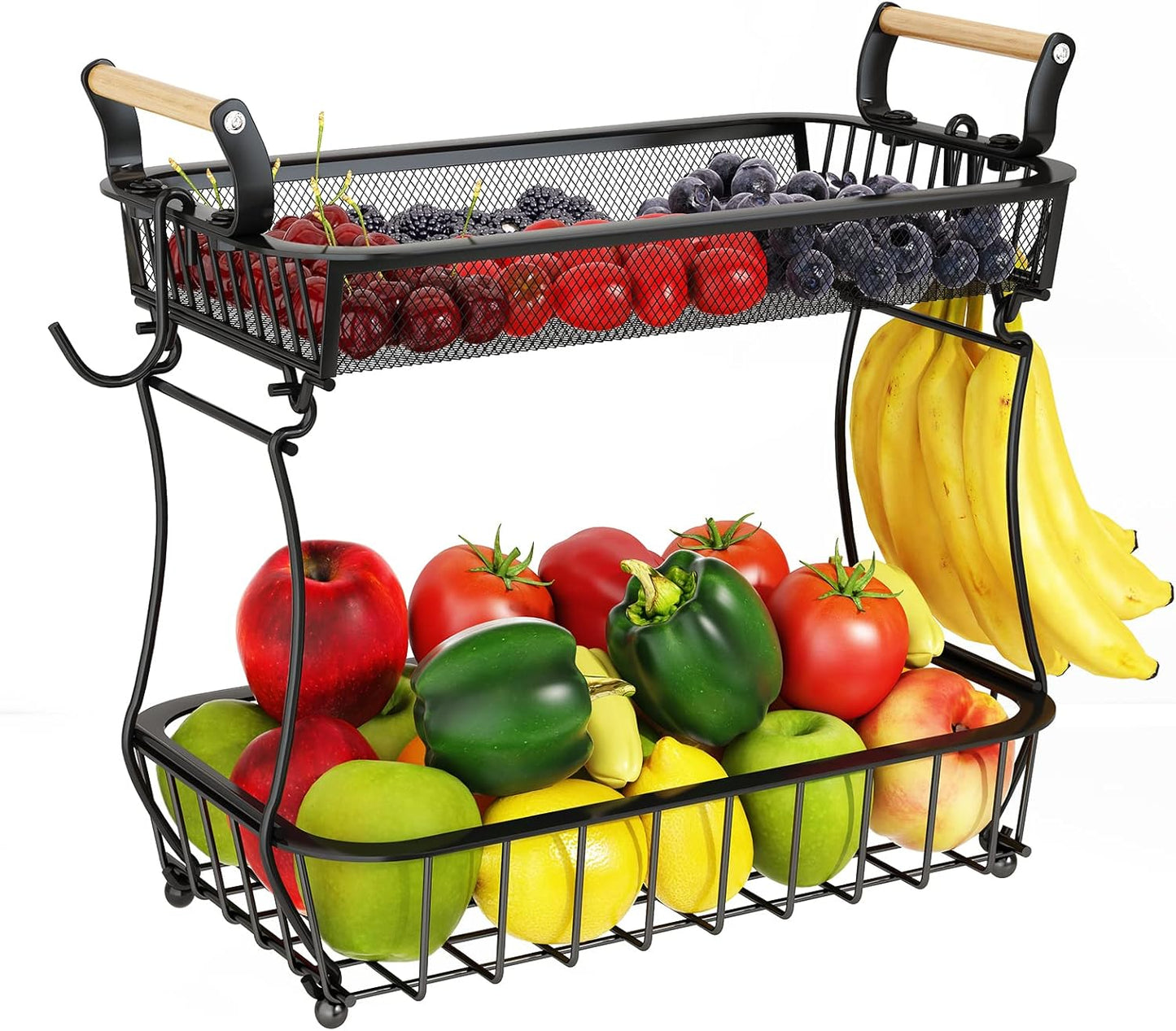 ANTOPY 2 Tier Fruit Basket with 2 Banana Hangers, Countertop Fruit Vegetable Basket Bowl for Kitchen Counter Metal Mesh Basket Fruits Stand Produce Holder Organizer for Onion Potato Bread Snack Veggie