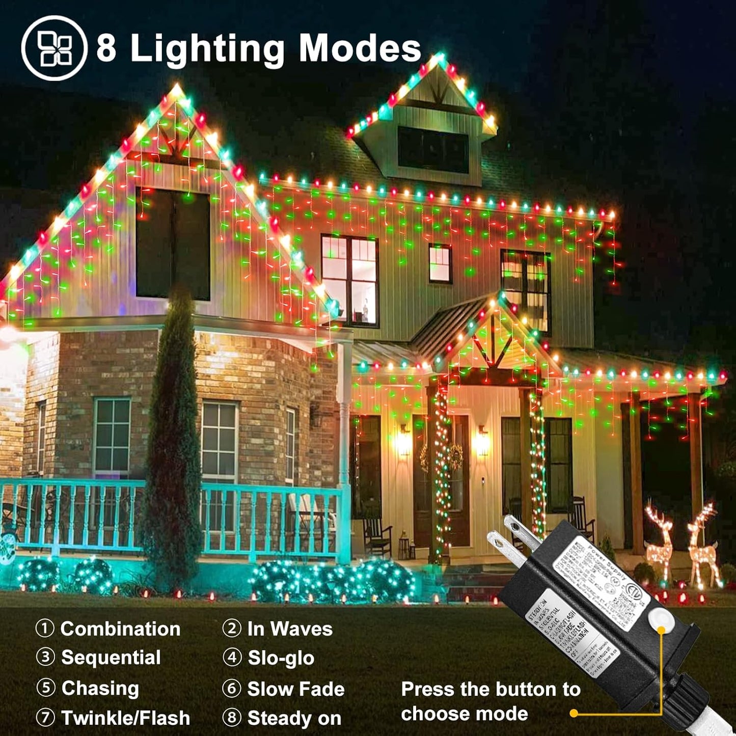 33ft Red and Green Christmas Lights, 400 LED Icicle Lights for Outside, Clear Wire Connectable Twinkle Light with 8 Modes Timer Waterproof for House Window Party Tree Holiday Patio Yard Home Decor