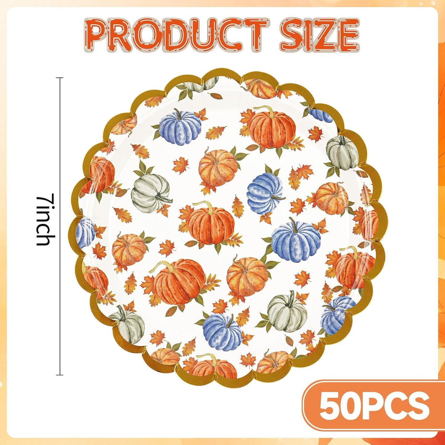 50 Pack Fall Pumpkins Paper Plates, 7inch Thanksgiving Dessert Plates Scalloped Foiled Edge Autumn Leaves Party Supplies for Harvest Friendsgiving Birthday Baby Showers Wedding Decorations