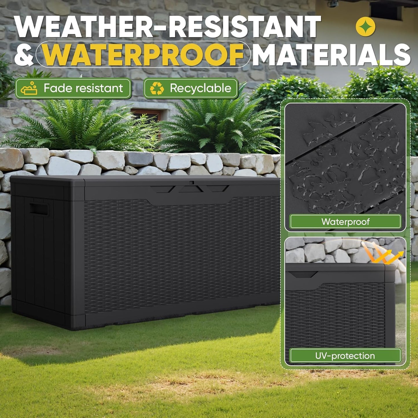 Greesum 100 Gallon Resin Deck Box Lockable Large Outdoor Storage Boxes for Garden Tools, Patio Furniture Cushions, Pool Supplies, Black