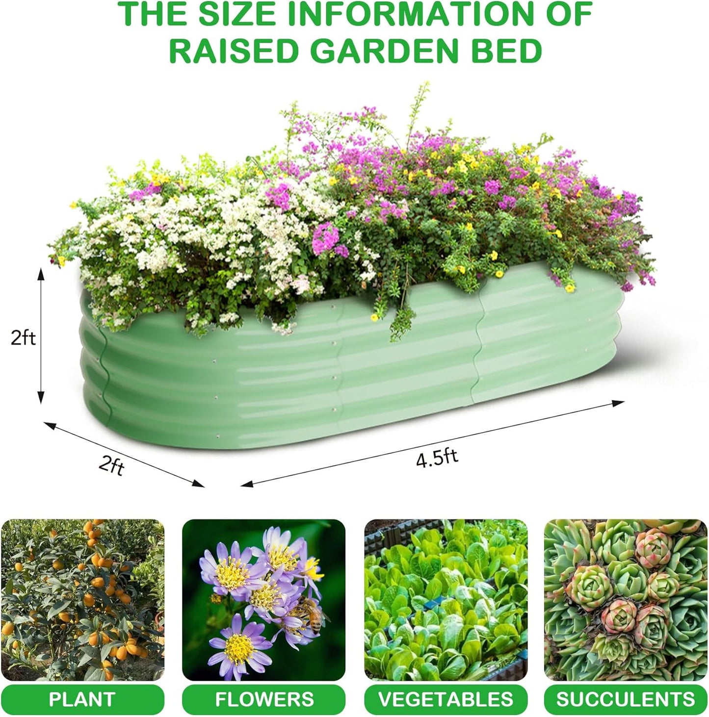 2 Pcs 4.5x2x2ft Oval Raised Garden Bed, Galvanized Raised Beds,Open-Ended Base Metal Raised Planter Beds,Garden Bed Outdoor,Planter Raised Boxes for Vegetables, Flowers,Tool-Free Asse,Green
