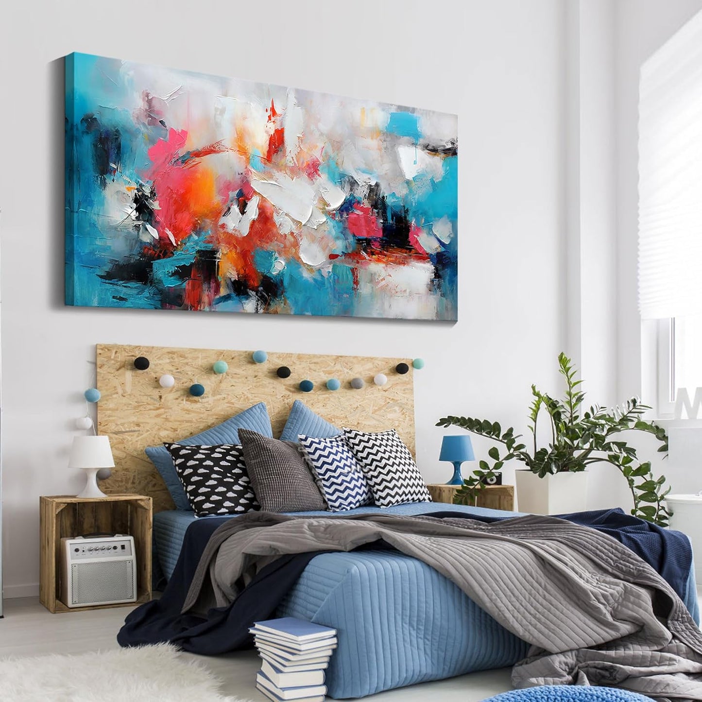 Large bstract Wall Art Canvas Wall Art for Living Room Hand-Painted Art in Blue and Pink Office Wall Decor Paintings for Wall Decorations Modern Wall Decor for Bedrooms and dining Room 29×58in