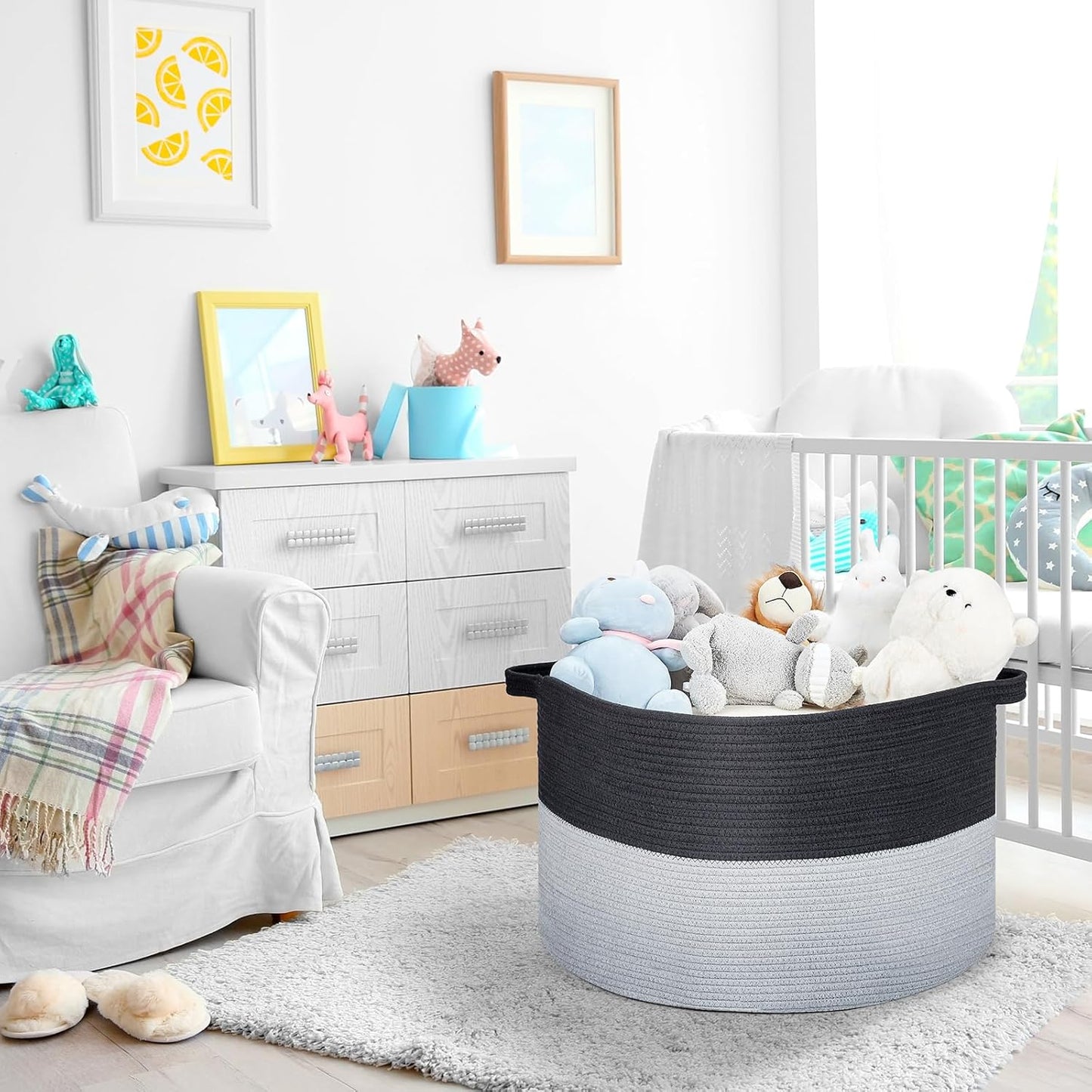 Ravinte Large Storage Basket - 22"x 22"x 14" Blanket Basket for Living Room, Baby Toy Storage Basket, Cotton Rope Basket Woven Laundry Basket (Black-Gray)