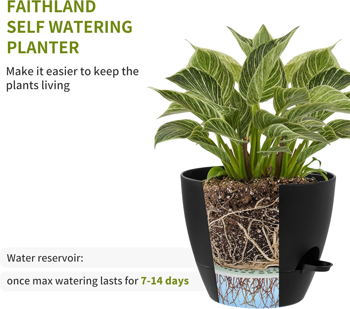 FaithLand 3-Pack Large Planter Pots, 12 10 9 Inch Self Watering Flower Pots for Indoor Outdoor Garden Plants, Black