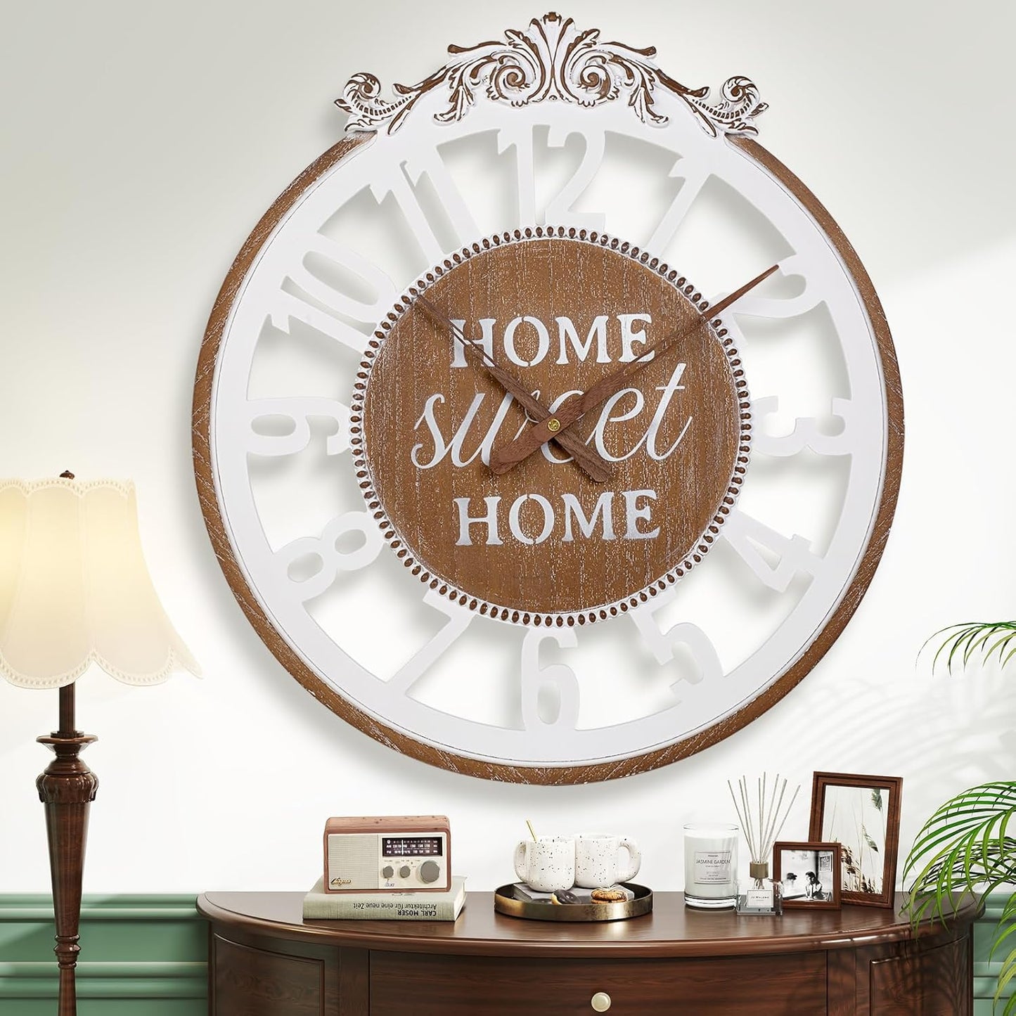 Wall Clock Large- Farmhouse Wall Clock 24 Inch Decorative Engraved Numerals Rustic Wooden Wall Clocks, Big Wall Watch Silent Battery Operated for Kitchen Bedroom Living Room Fireplace Mantel