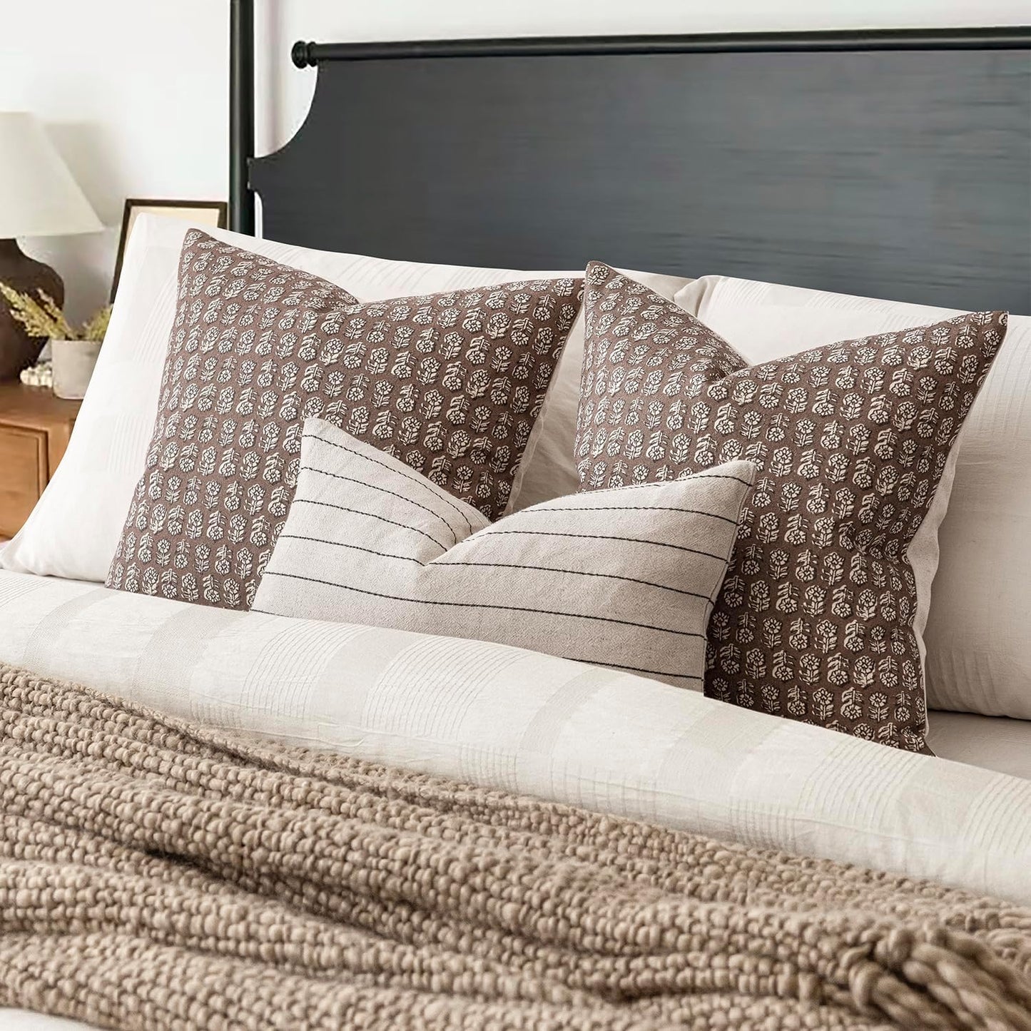 Foindtower Set of 2 Decorative Neutral Floral Print Throw Pillow Covers Vintage Accent Farmhouse Cushion Covers Boho Home Decor for Sofa Chair Couch Bedroom Living Room Outdoor,18×18 Inch,Brown