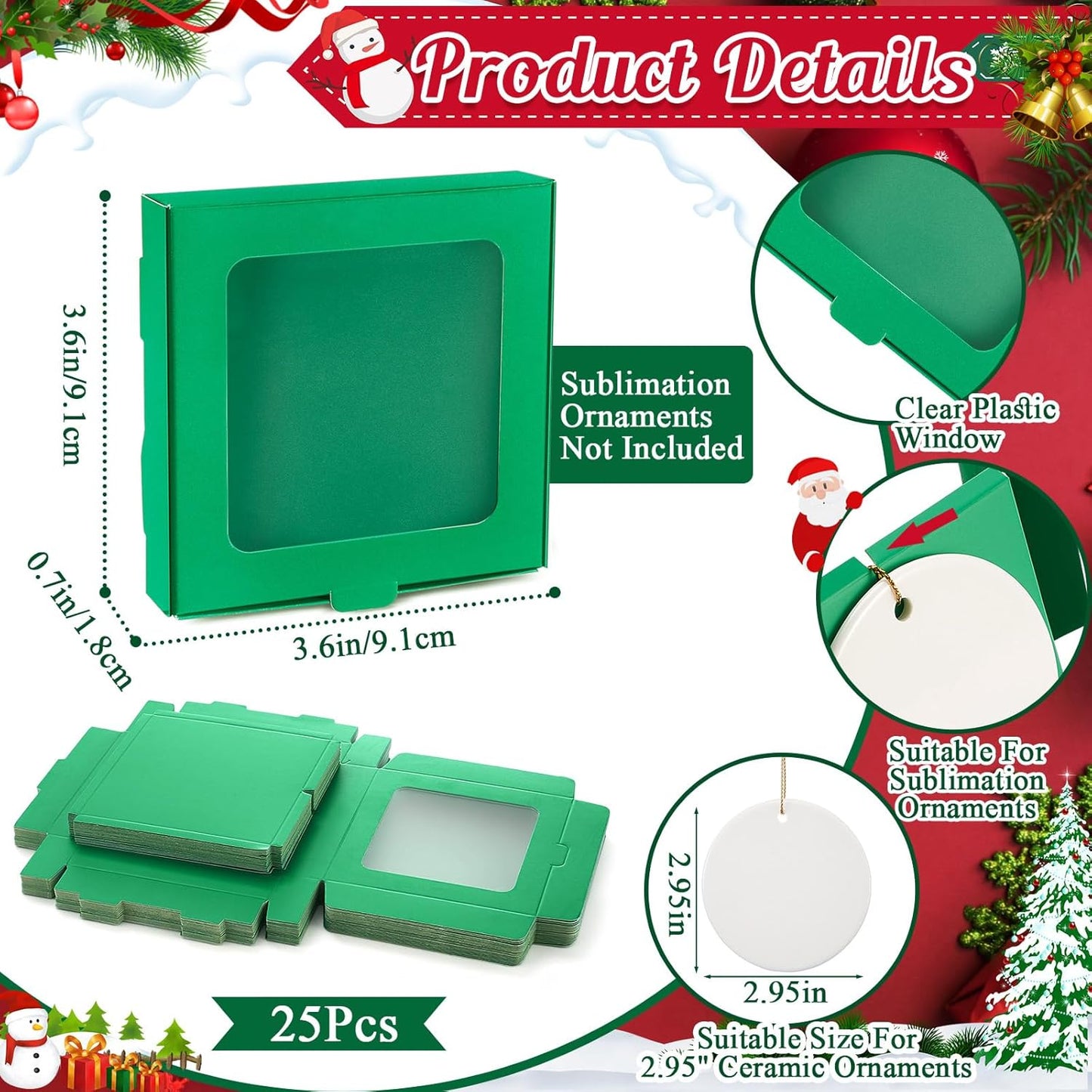 25 Pcs Sublimation Ornament Blanks Box 3.6"x3.6"x0.7" Christmas Ornaments Holder Ceramic Discs Packaging Box with Window for Personalized Xmas Tree Blanks Bulk (Green)
