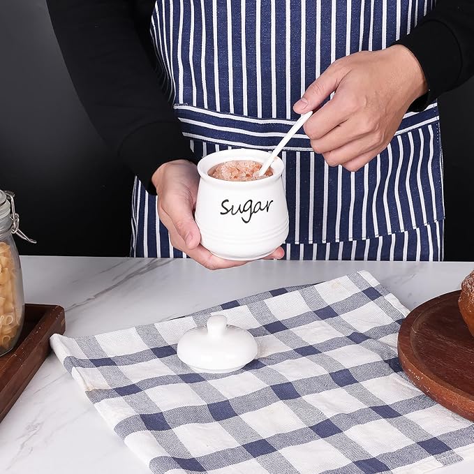 HAOTOP 12oz Sugar Bowl with Lid and Spoon,Ceramic Sugar Jar Sugar Dispenser Sugar Container Coffee Bar Accessories, Kitchen Countertop Canisters, White