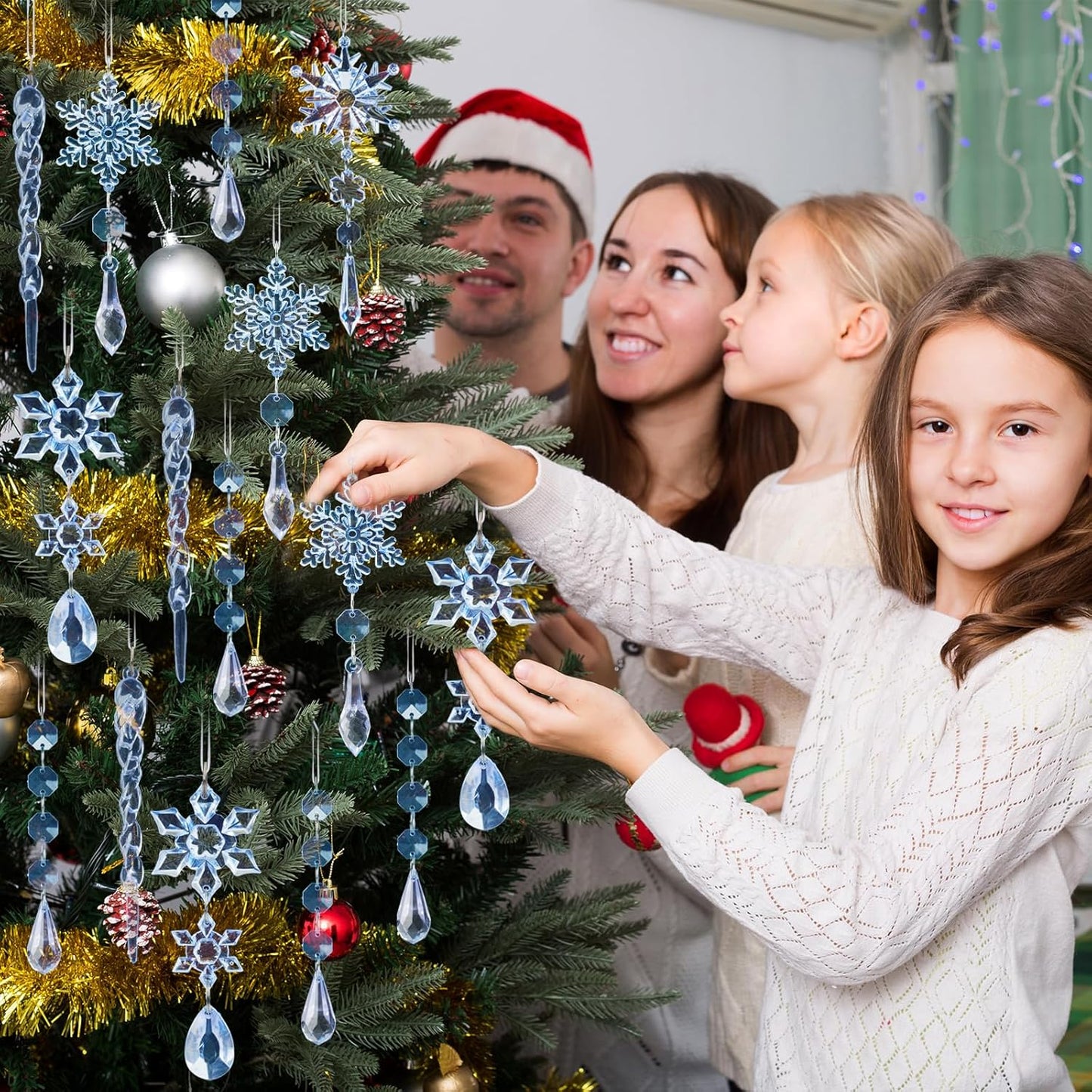 32pcs Crystal Christmas Ornaments for Christmas Tree Decorations-Blue Hanging Acrylic Snowflake and Icicle Ornaments with Drop Pendants for Xmas Winter Wonderland New Year Party Decorations Supplies