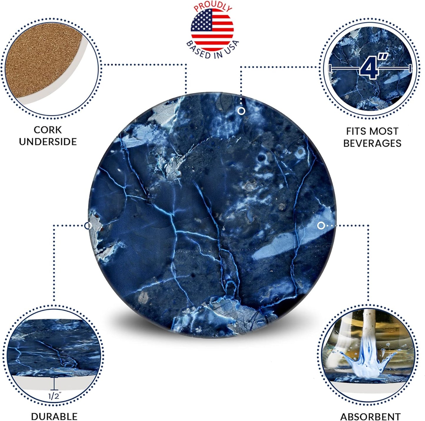 Emerson Coasters for Drinks Absorbent Set of 6 with Holder – Marble Style Coasters – Coasters for Drinks – Drink Coasters for Coffee Table – 100% Ceramic Stone Non Slip – Heavy Duty (Maze)