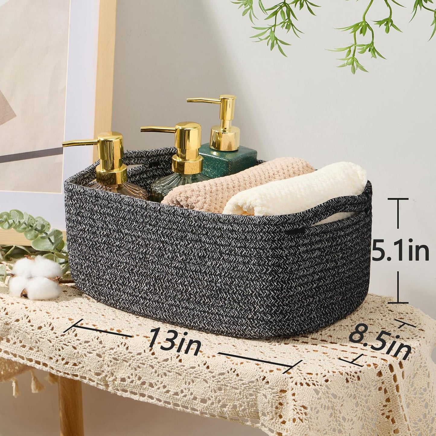 Small Storage Baskets for Organizing | Closet Organizer Bins | Shelf Toy Basket | Woven Rope Baskets | Cube Decorative Box | Shallow Basket | 13x8.5x5.1” | 3 Packs Dark Gray