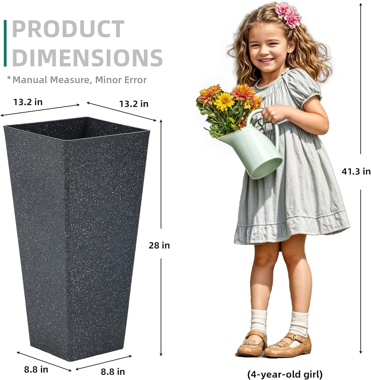 28" Large Tall Square Planters for Outdoor Plants, Set of 2 V-Shaped Planter Box with Black Terrazzo Look, Durable and Weather Resistant, Ideal or Garden, Patio, Porch or Home use.