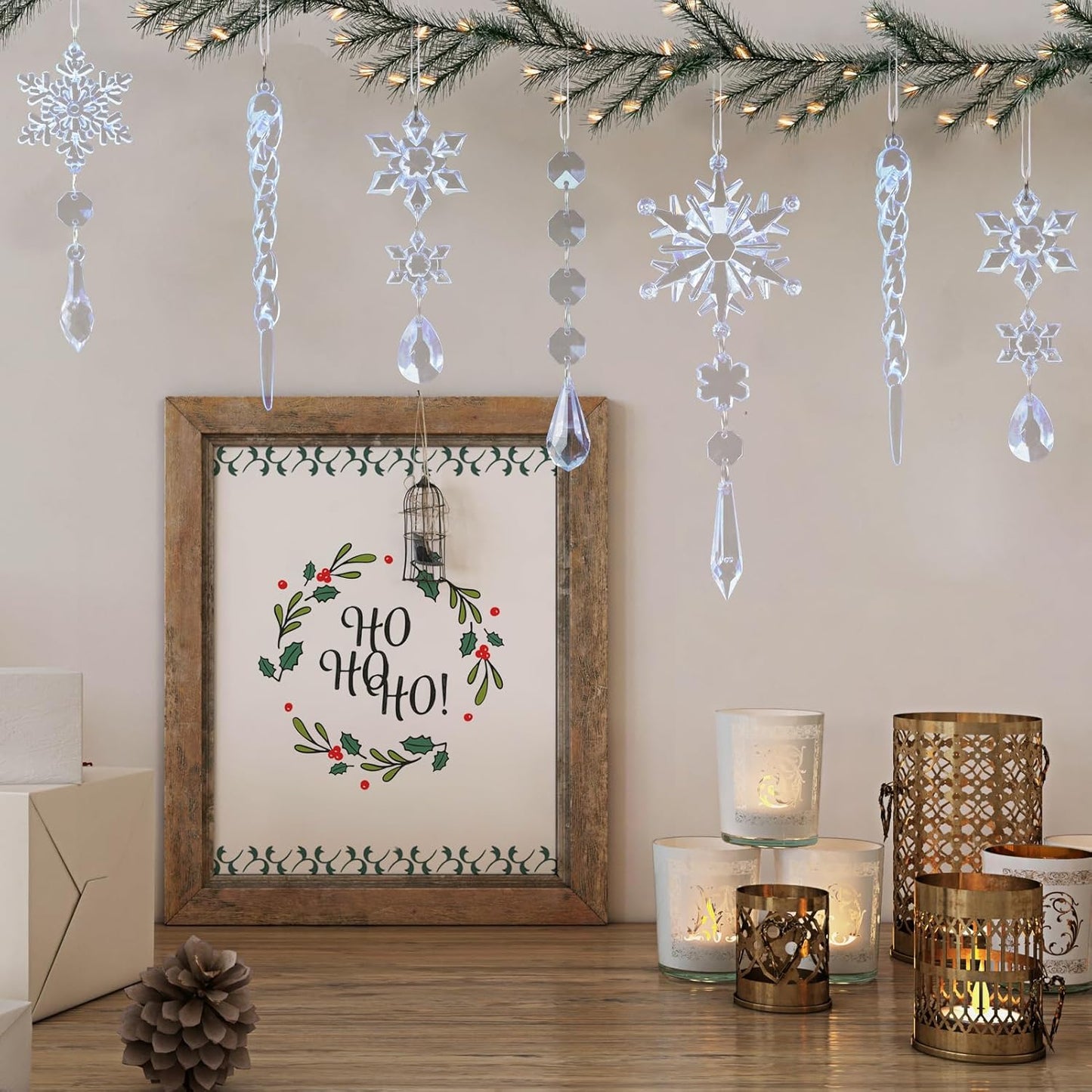 18pcs Crystal Christmas Ornaments for Christmas Tree Decorations-Blue Hanging Acrylic Snowflake and Icicle Ornaments with Drop Pendants for New Year Party Decorations Supplies