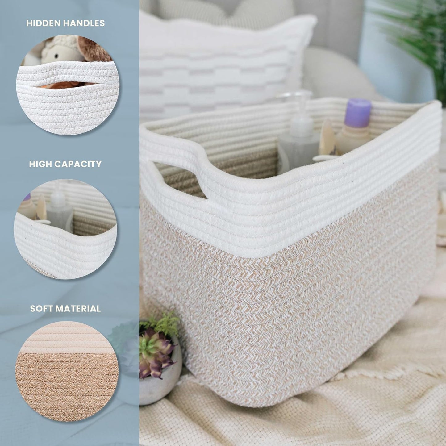 OrganiHaus Woven Storage Baskets for Organizing, Cotton Rope Organizer Bins for Shelves, Closet & Nursery, Dog Toy Basket, Decorative Bins for Toys, Towels & Books - 15x10x9, Light Honey