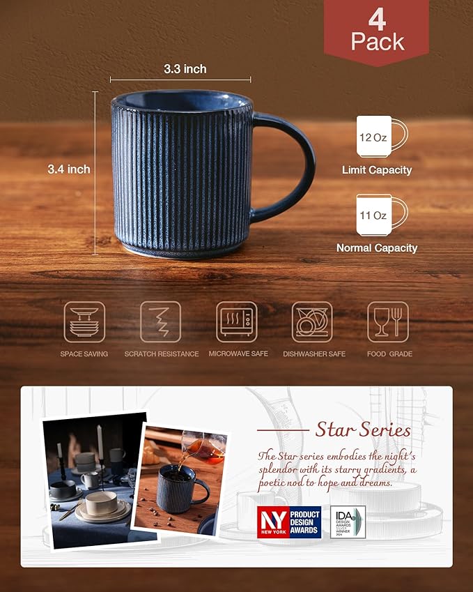 famiware Coffee Mug Set for 4, Star 12 oz Catering Mugs Cup Set with Handle for Coffee, Tea, Cocoa, Milk - Ceramic Stoneware Drinkware Set, Nebulas Blue
