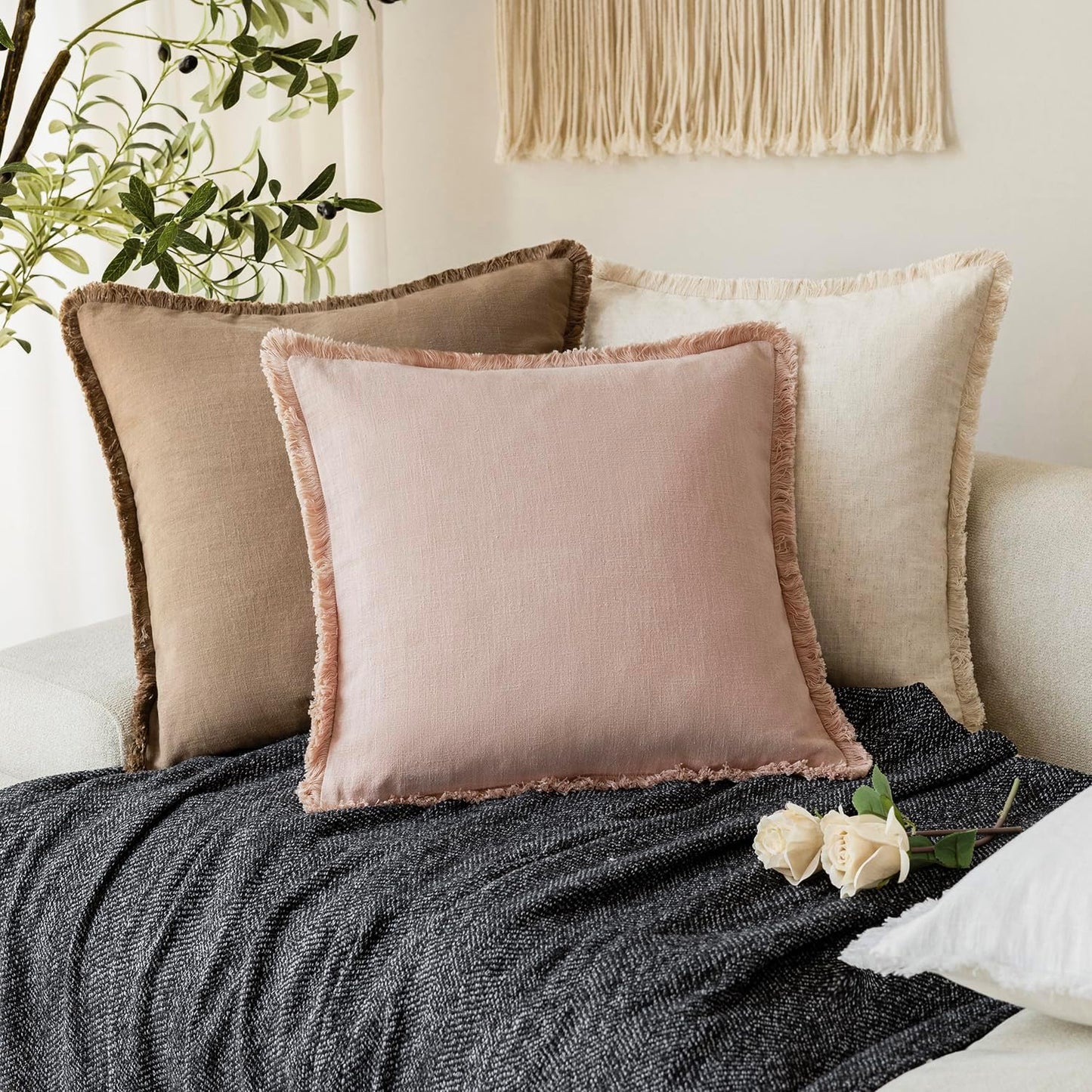 Foindtower Set of 2 Decorative Linen Fringe Throw Pillow Covers Boho Farmhouse Cushion Cover with Tassels Soft Accent Pillowcase for Couch Chair Sofa Bed Living Room Home Decor,22×22 Inch,Light Pink
