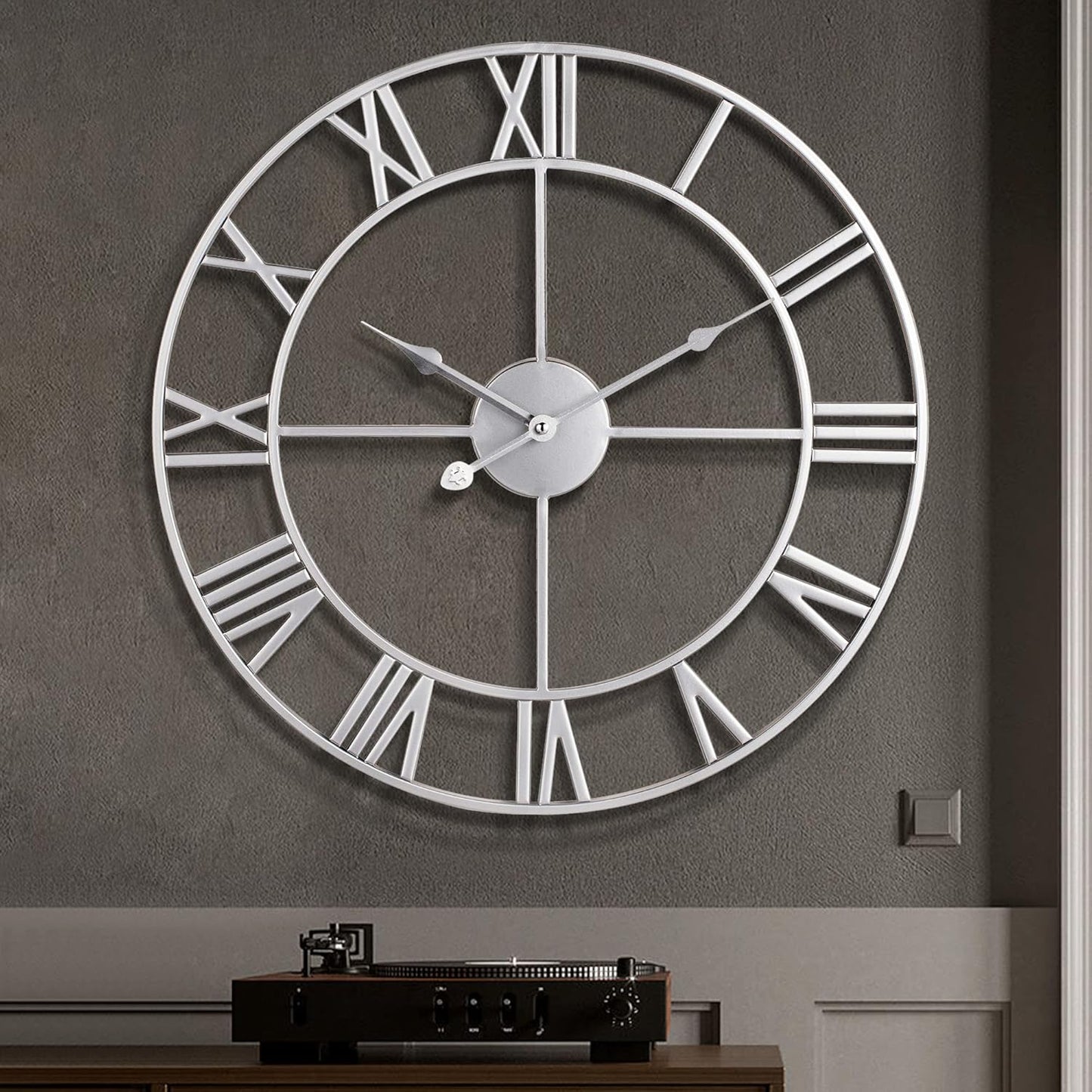 Wall Clock For Living Room Decor - 24 Inch Silent Non-Ticking Decorative Large Wall Clock, Battery Operated Vintage Retro Roman Numerals Metal Silver Wall Clock for Farmhouse, Kitchen, Bedroom Office