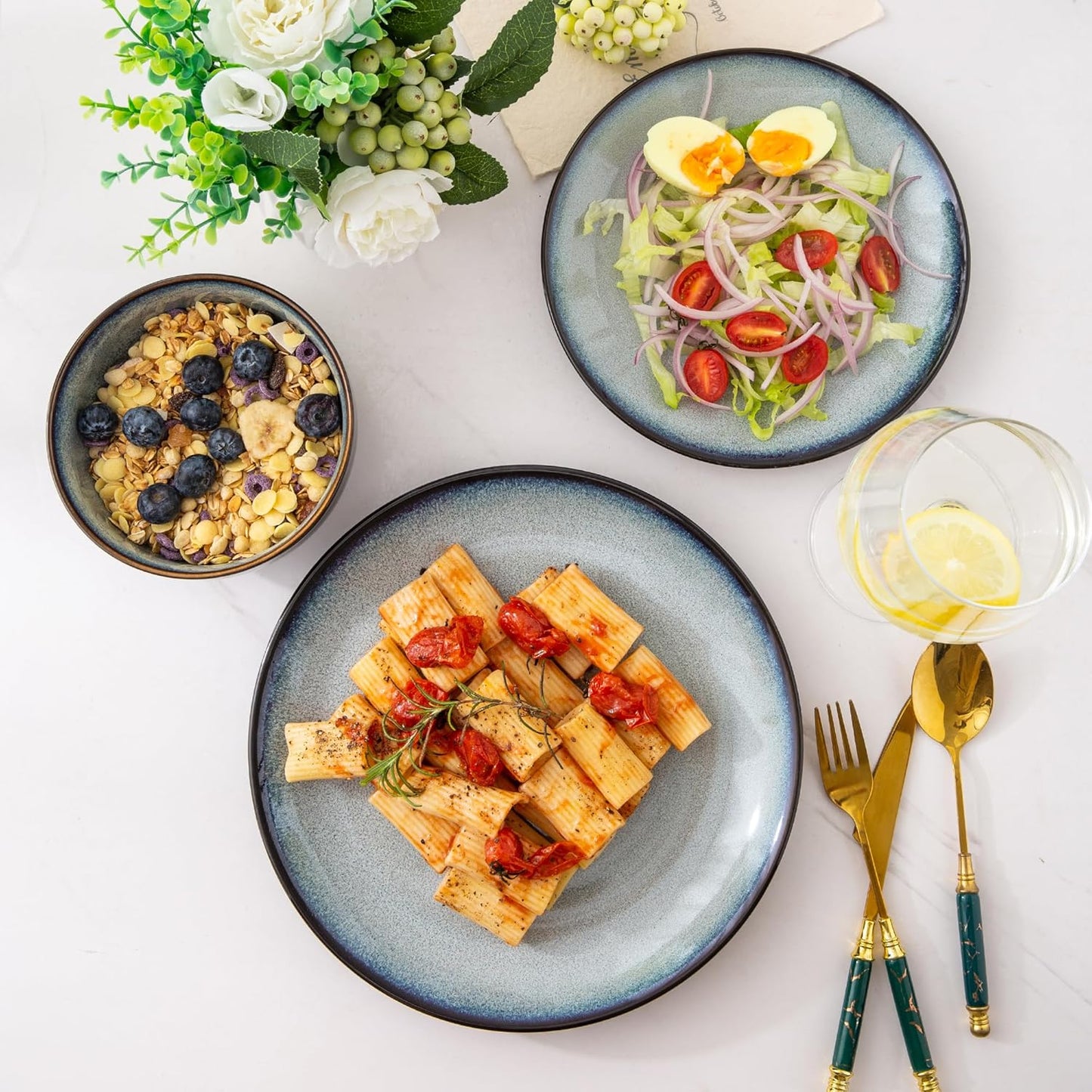 LERATIO Juego de Vajilla de Cerámica LERATIO para 12, 36 Piezas de Platos y Tazones, Esmalte Reactivo - Resistente a Rayaduras, Apto para Lavavajillas, Microondas y Horno