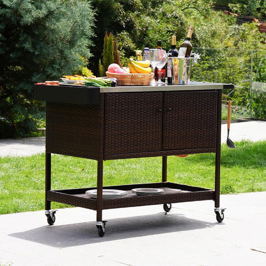Grand patio Outdoor Wicker Bar Cart, Outdoor Bar Table with Stainless Steel Tabletop, Patio Kitchen Island Grill Cart with Storage Cabinet and 4 Hooks