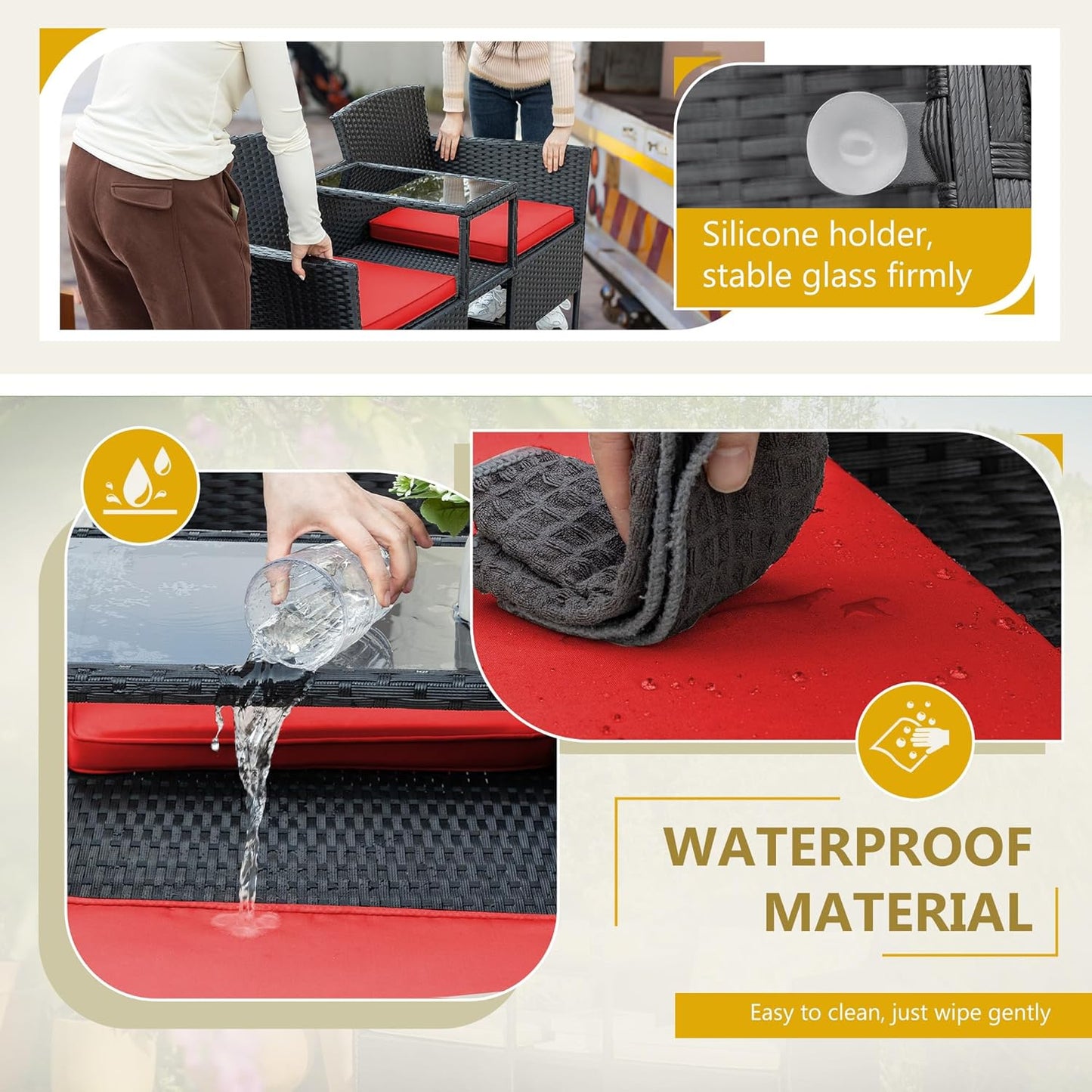 Flamaker Outdoor Furniture Patio Loveseat Wicker 2-Seat with Built-in Table and Cushions Rattan Porch Chairs Bench for Balcony, Lawn, Backyard (Red)