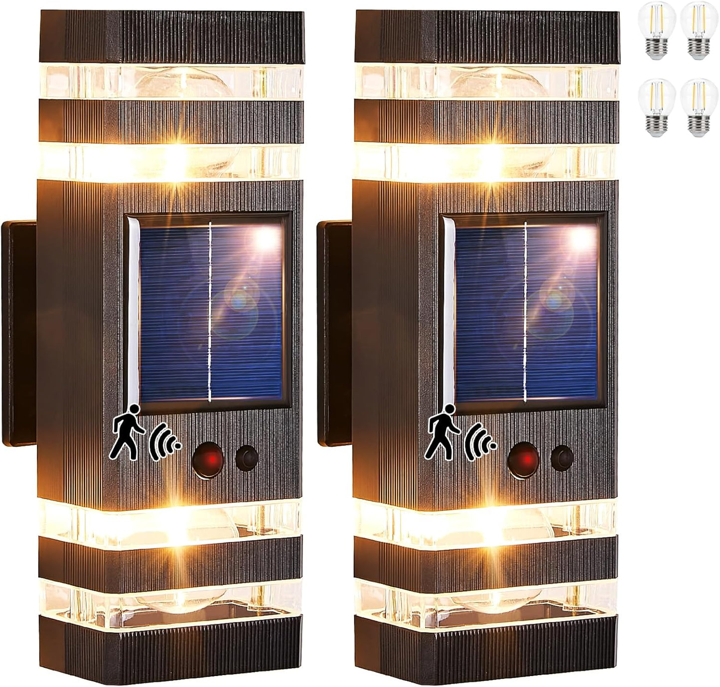 2 Pack Solar Outdoor Wall Lights with 3-Mode Motion Sensor Outside Sconces Up Down Solar Porch Light Fixtures 3000K 500LM Dusk to Dawn Modern Exterior Wall Lamp for House Garage Front Door