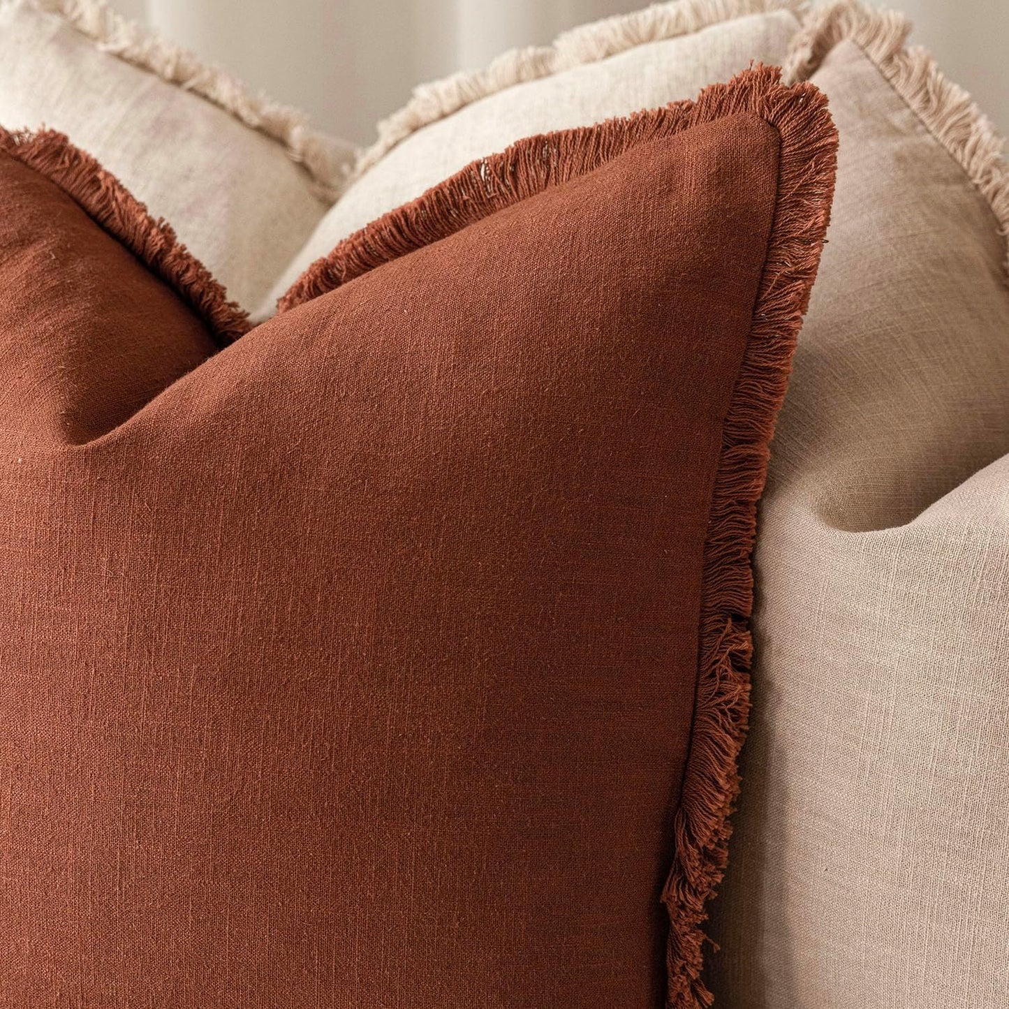 Foindtower Set of 2 Decorative Linen Fringe Throw Pillow Covers Farmhouse Cushion Cover with Tassels Soft Accent Pillowcase for Couch Chair Sofa Bed Living Room Home Decor,16×16 Inch,Fall Rust Orange