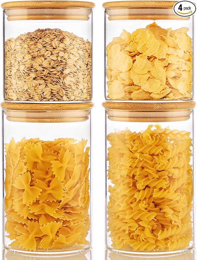 32oz & 21oz - 4 Pack Glass Jars with Bamboo Lids, Glass Pantry Storage Containers with Airtight Lids, Round Air Tigh Food Storage Canisters for Cereal, Pasta, Flour, Sugar, Best for Kitchen Organizer