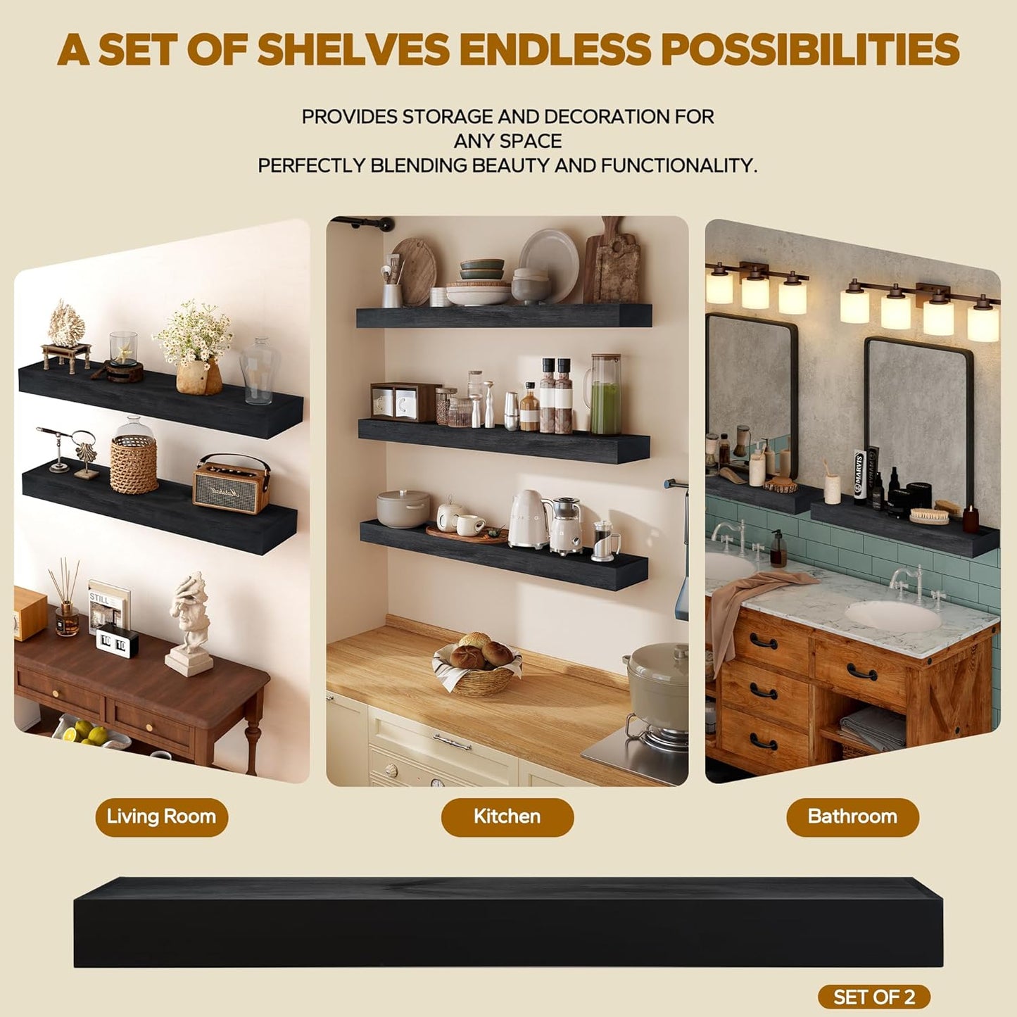 Floating Shelves 3 inch Thick for Wall Set of 2,Solid Pine Wood Wall Mount Shelf for Kitchen Living Room Bedroom Bathroom,8" D x 60" L x 3" H-Black