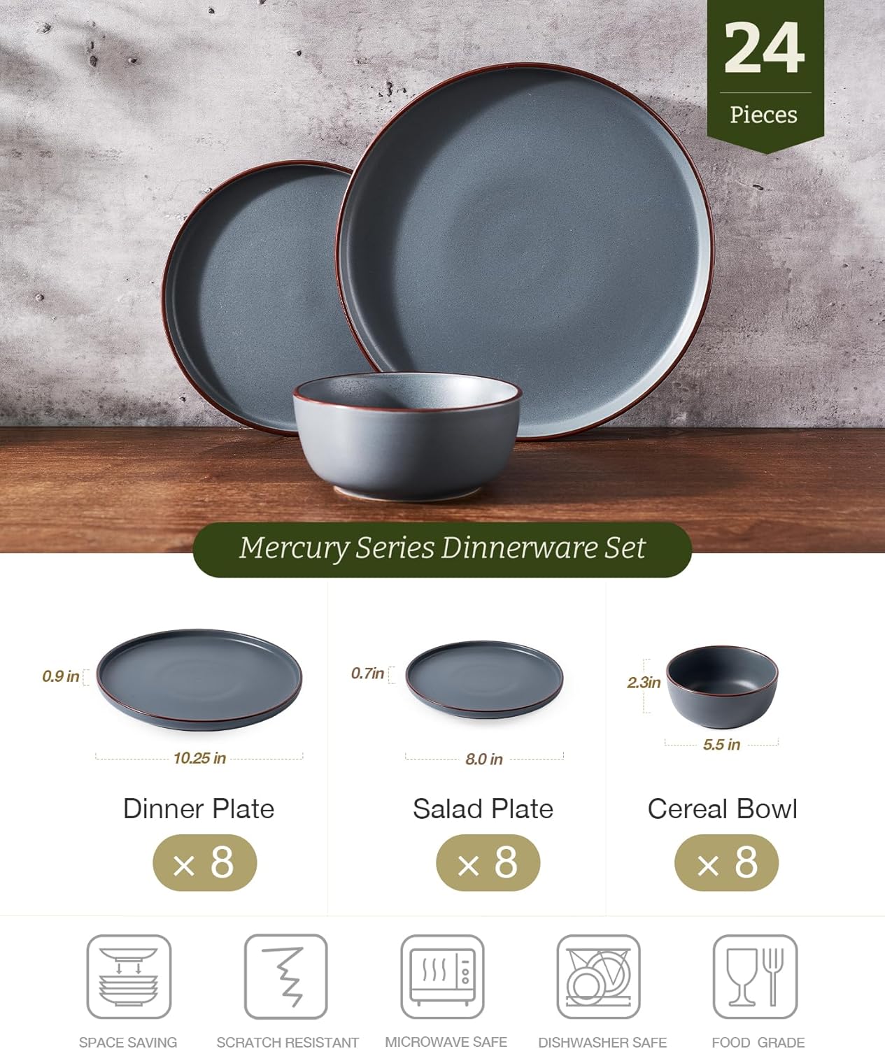 Famiware Mercury 24 Pieces Dinnerware Sets, Plates and Bowls Sets for 8, Microwave and Dishwasher Safe Dish Set, Charcoal