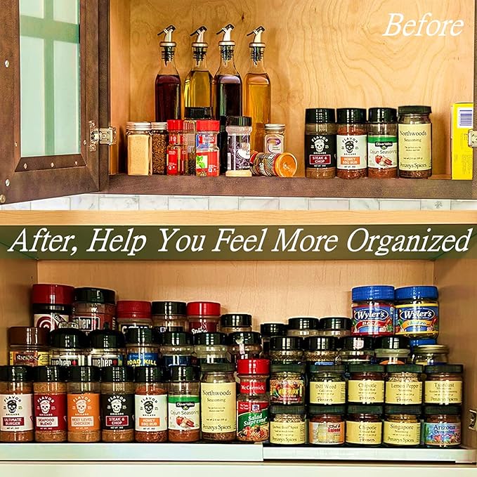 3 Tier Expandable Spice Rack Organizer, Plastic Spice Rack, Adjustable Length 14.6In-25.8In, Non-Skid Tiered Spice Shelf Organizer for Kitchen Cabinet, Cupboard, Pantry, White/Grey