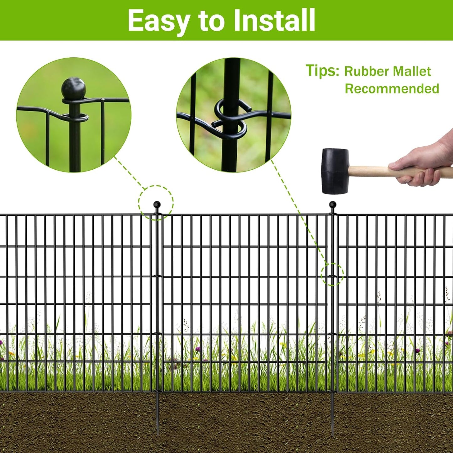 10 Panels No Dig Decorative Outdoor Garden Fence with Gate for Yard, 40 in(H) X 23.6 ft(L) Animal Barrier Fencing Rustproof Metal Wire Panel Border for Dog, Rabbits, and Patio Temporary Ground Stakes